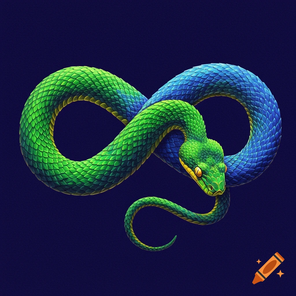 A green and blue snake forms an infinity symbol on a dark background.