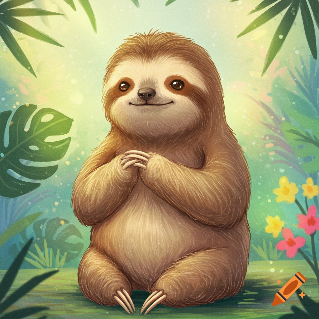 A cute cartoon sloth sits with paws together in a vibrant jungle.