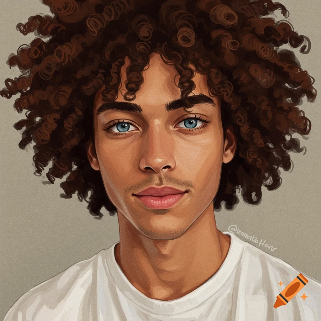 A digital art portrait of a young man with curly brown hair and striking blue eyes.