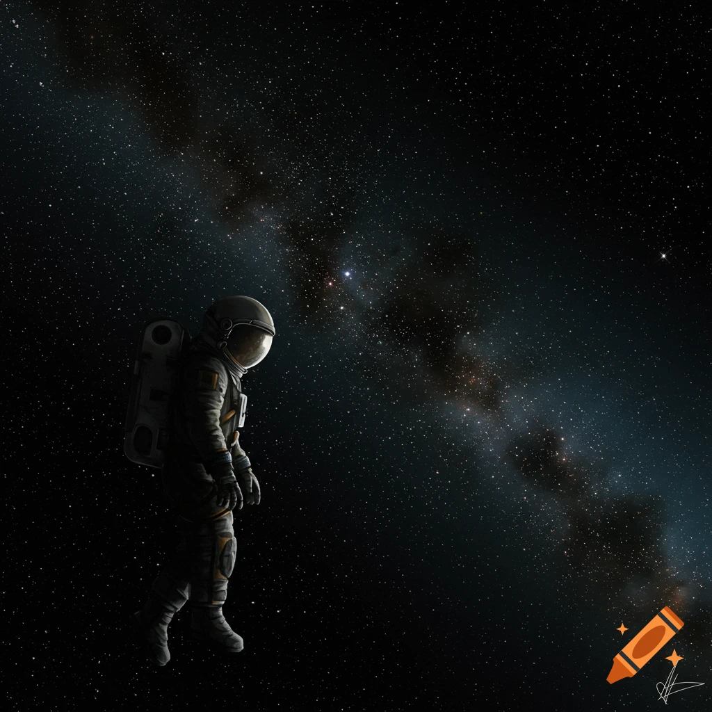 An astronaut floats in space with a starry background.