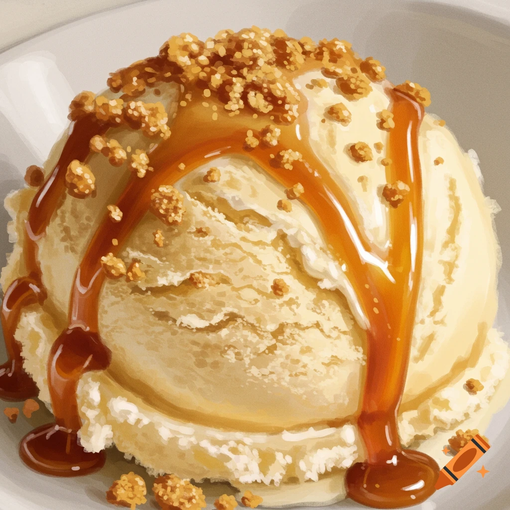 Painting of vanilla ice cream with caramel drizzle and waffle crumbs