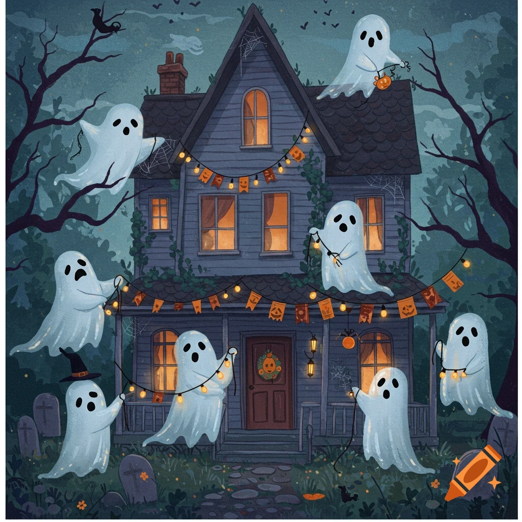 Cartoon ghosts decorate a haunted house with Halloween garlands.