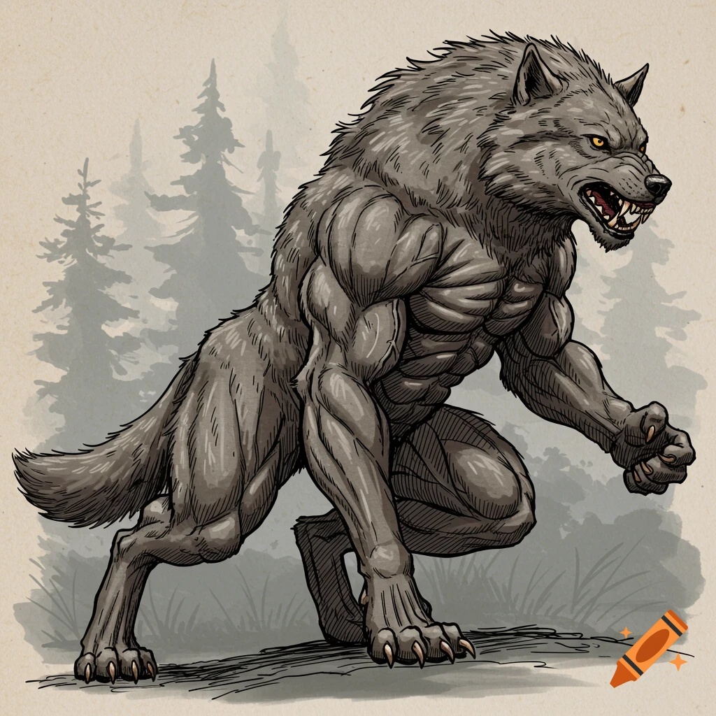 Sketch of a muscular dire wolf crouching and growling in a forest.