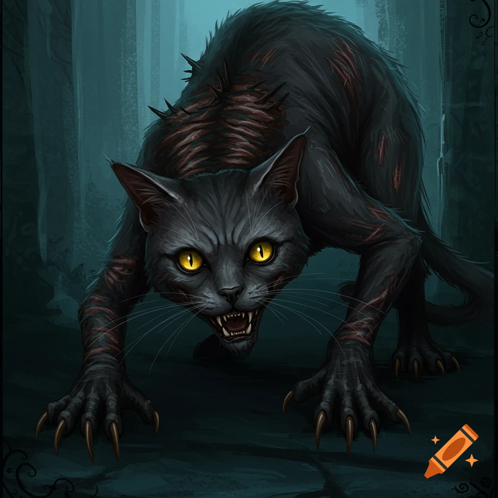 A dark fantasy illustration of a creepy monster cat with glowing eyes crouching in a dark forest.