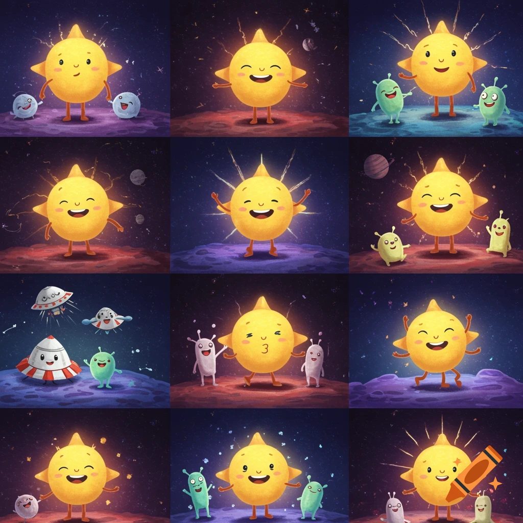 Multiple cartoon panels show a friendly sun character with aliens in space.