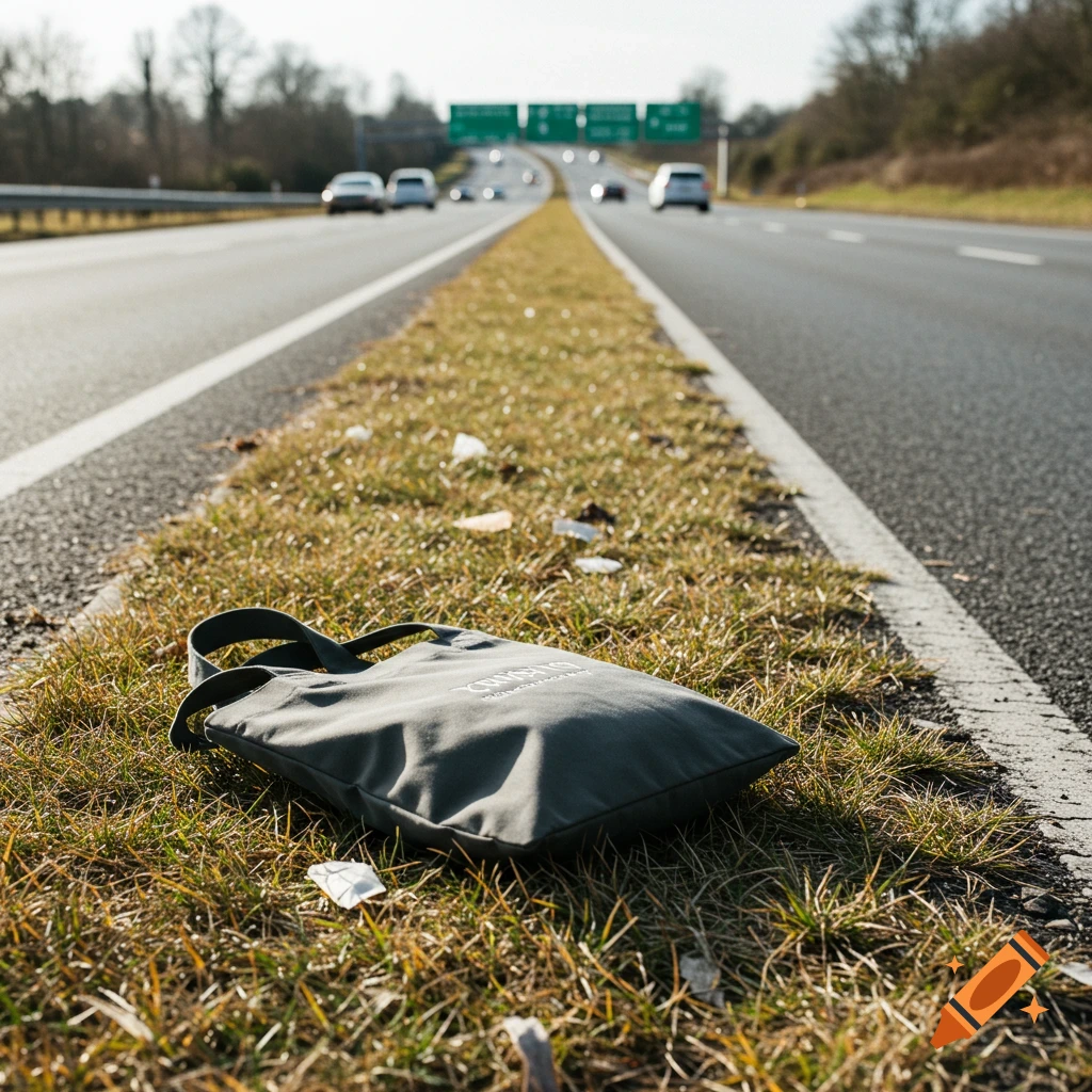 A grey tote bag lies on the grass beside a highway with traffic in the background. Photorealistic.