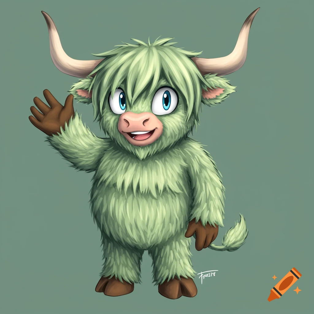 A green furry creature with horns, smiling and waving in a cartoon style illustration.