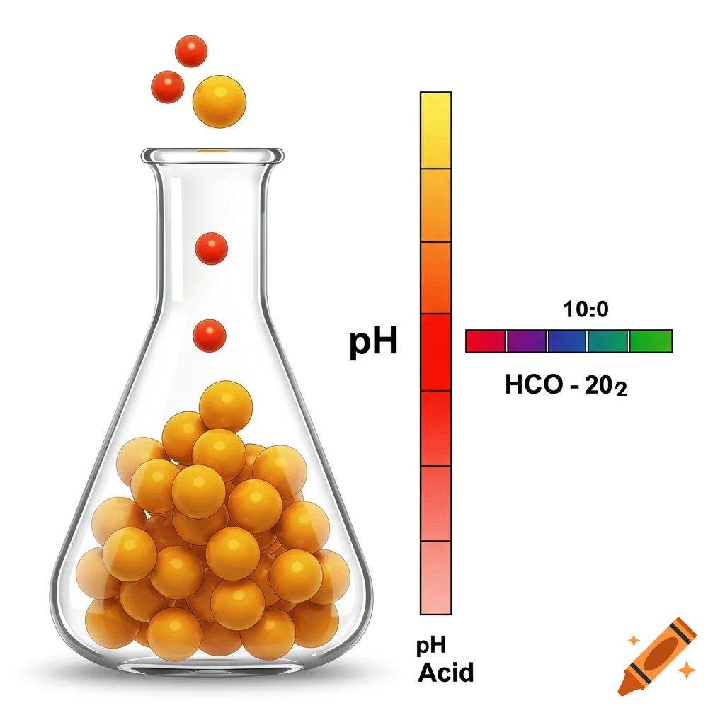 Science diagram with flask, spheres, and pH scale.