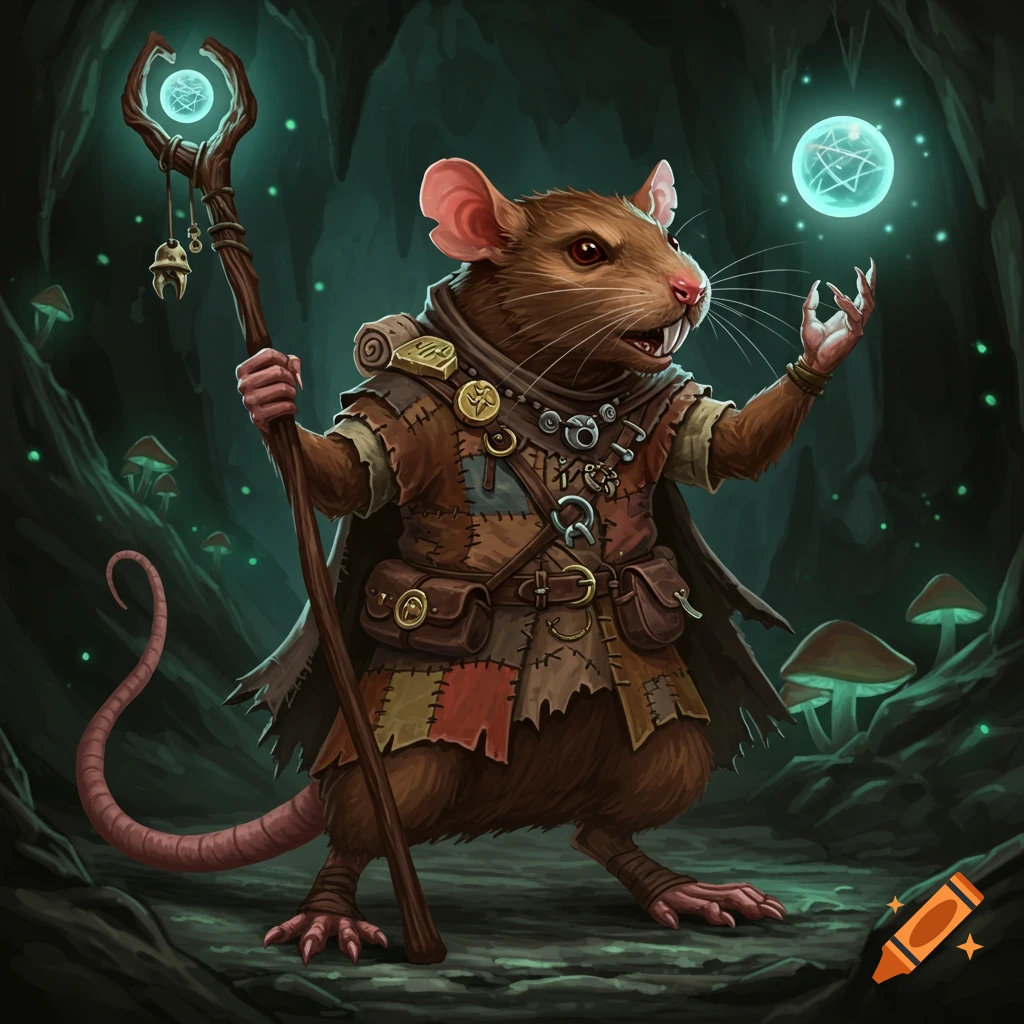 Illustration of a rat battle mage holding a staff and glowing orb in a cave.