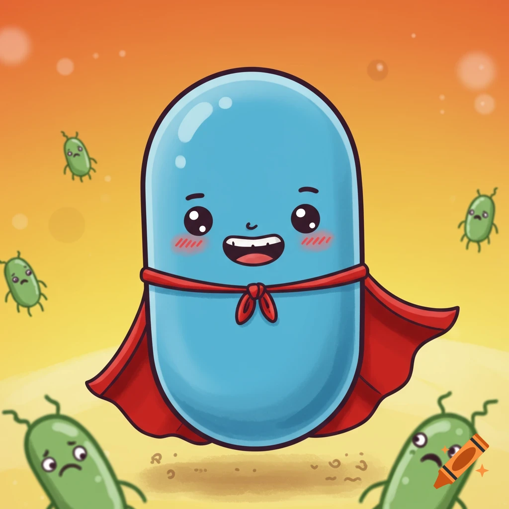A cartoon blue pill with a red cape smiles at worried green cartoon bacteria surrounding it.