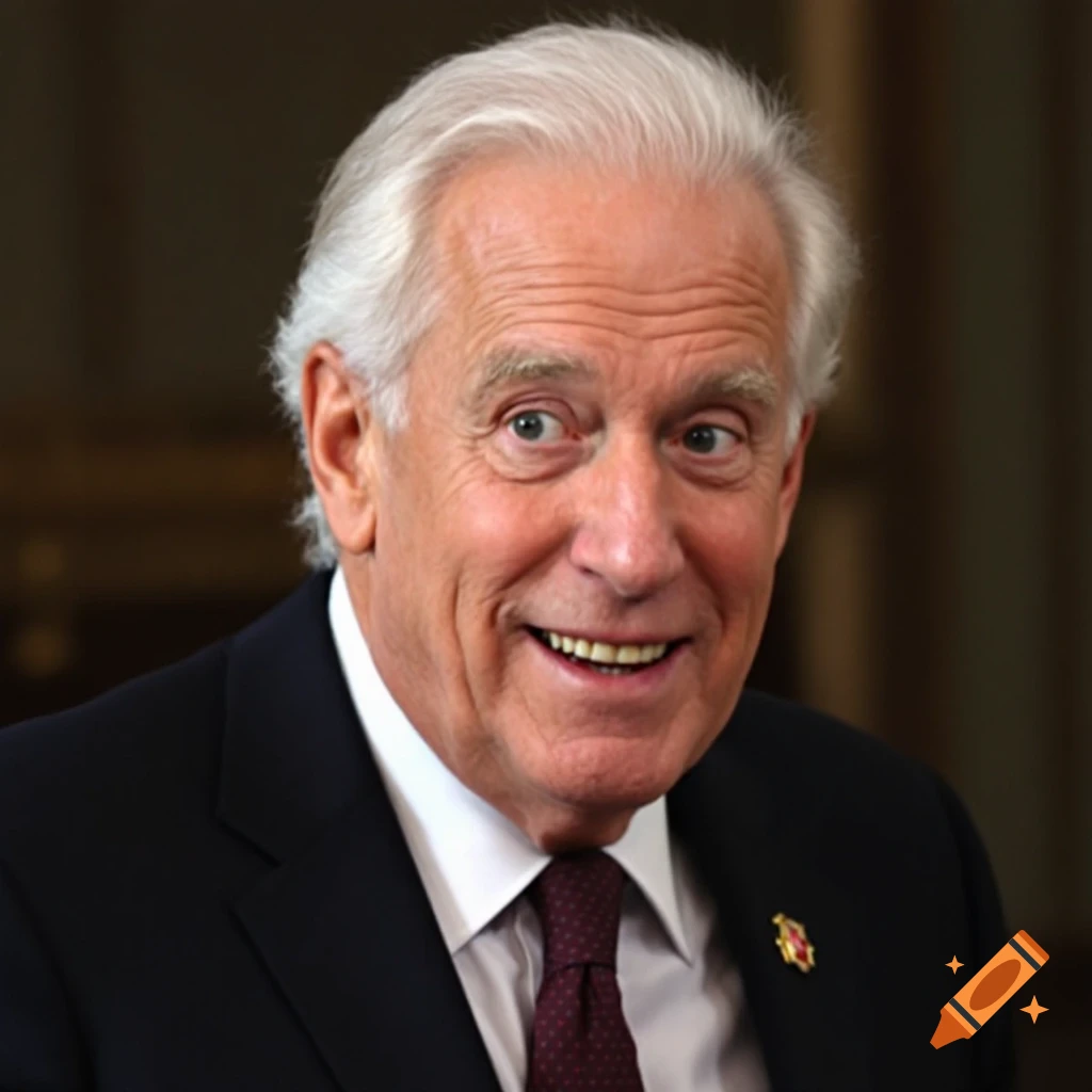 Close-up photorealistic portrait of an older man in a suit smiling.