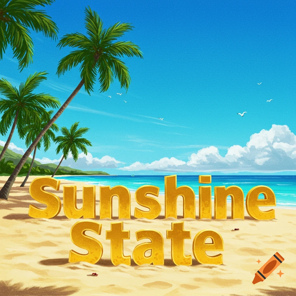 Golden 3D text "Sunshine State" on a sunny beach with palm trees and ocean.