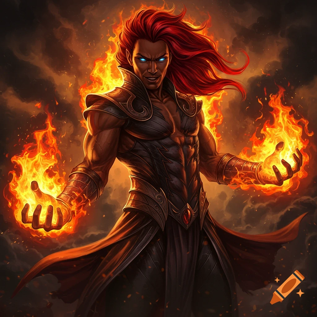 Fantasy illustration of a man with red hair and glowing eyes casting fire.