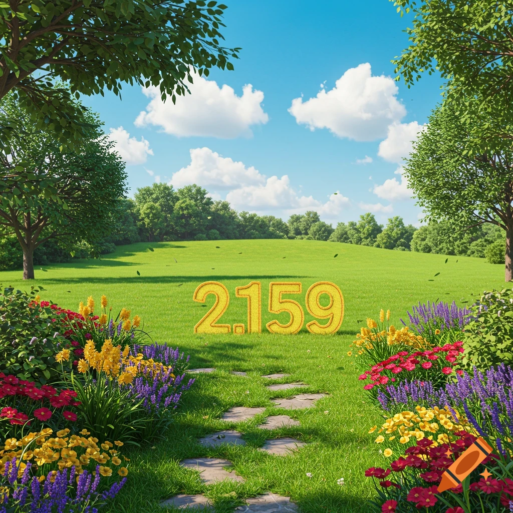 Colorful landscape with a green field, trees, vibrant flowers, blue sky, and large golden numbers 2.159 in the center.
