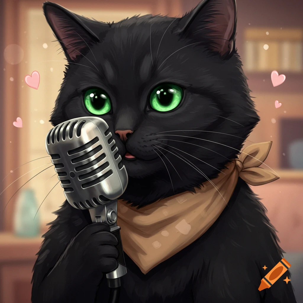 Anime black cat with green eyes holding a vintage microphone