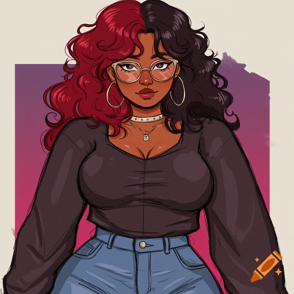 Illustration of a woman with split red and black hair and glasses.