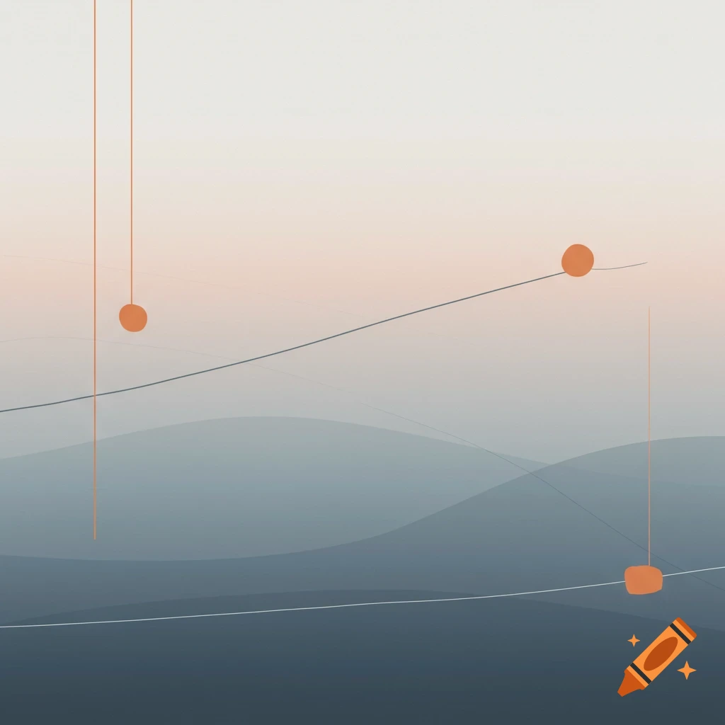 Minimalist abstract art with orange circles and curved lines on a gradient background