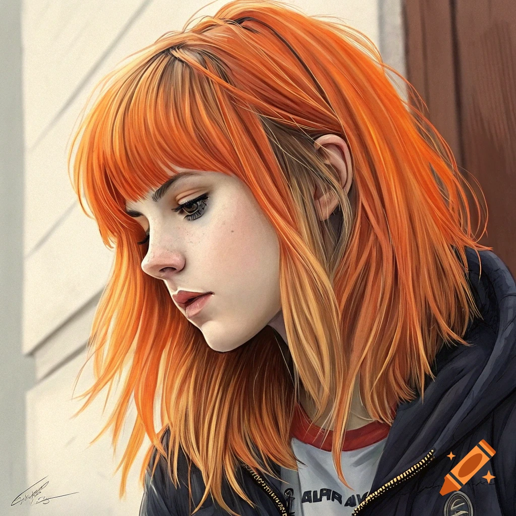 A portrait of a young woman with bright orange hair and bangs, looking down.