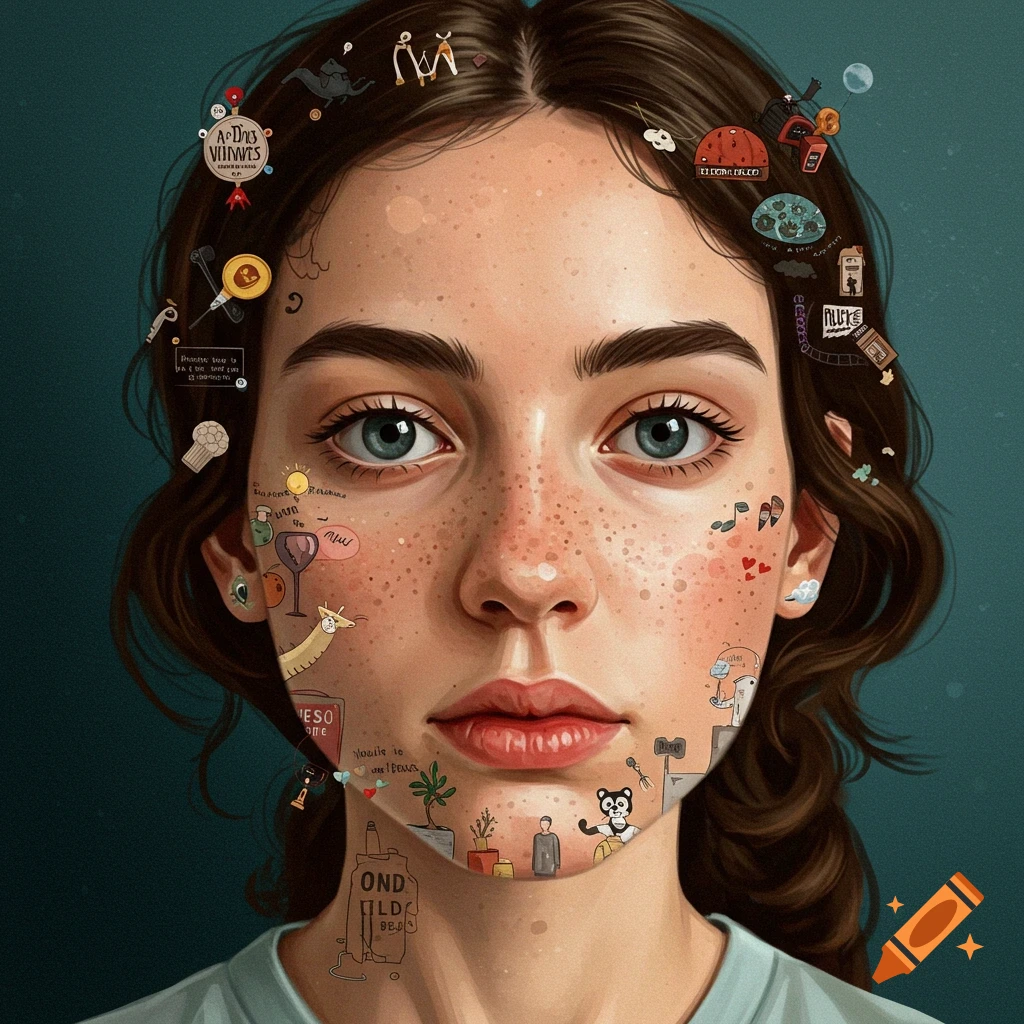 A portrait of a young woman with small illustrations of objects and symbols scattered across her face and head.
