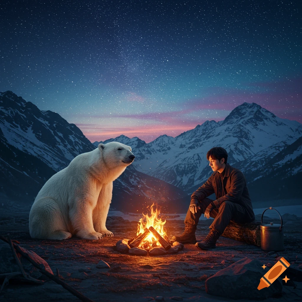 A man sits by a campfire with a polar bear in the mountains under a starry night sky.