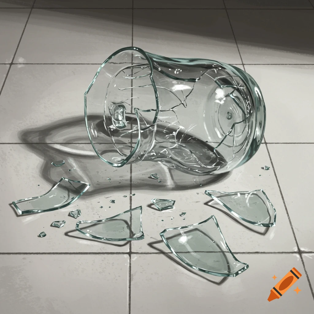 A broken glass pitcher on a tiled floor with scattered shards