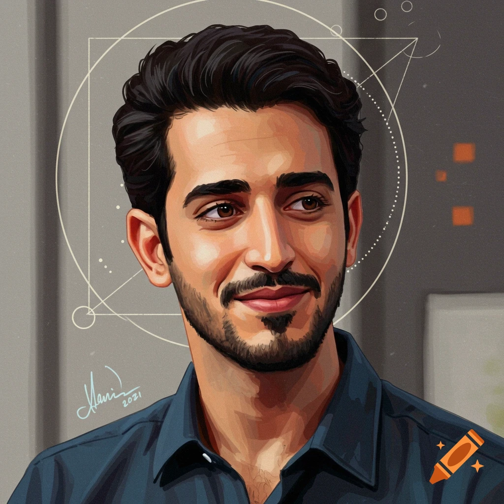 Illustrated portrait of a man with dark hair and beard, looking right, with geometric lines in the background.