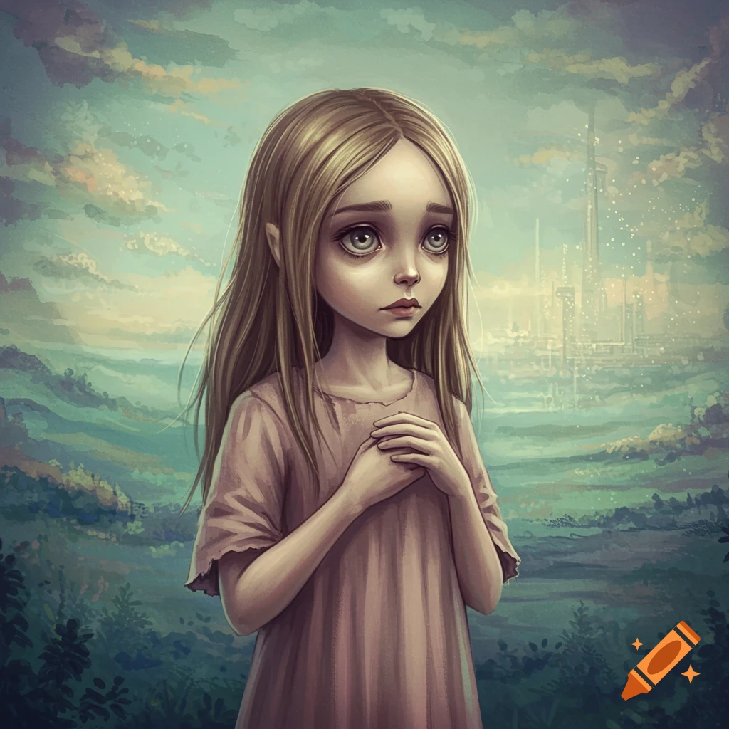 Illustration of a sad child girl standing in a fantasy landscape with mountains and a distant city.