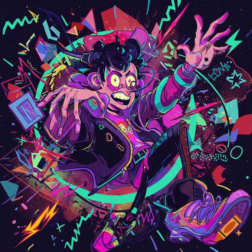 Stylized character in a dynamic pose surrounded by abstract shapes and vibrant colors, digital art