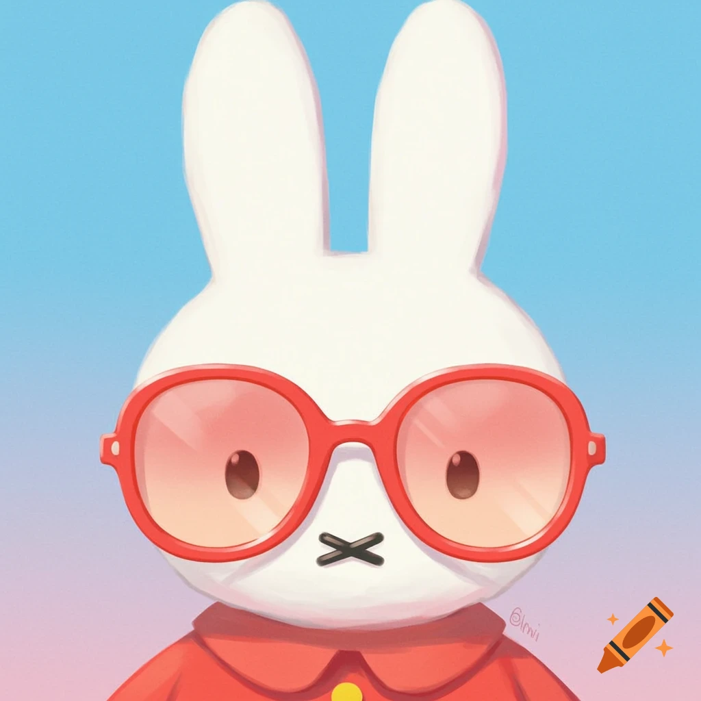 Cartoon bunny character Miffy wearing red sunglasses against a blue and pink gradient background.