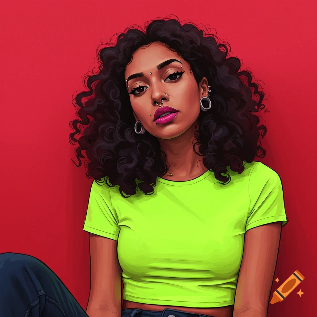 Illustration of a woman with piercings wearing a neon green shirt against a red background.