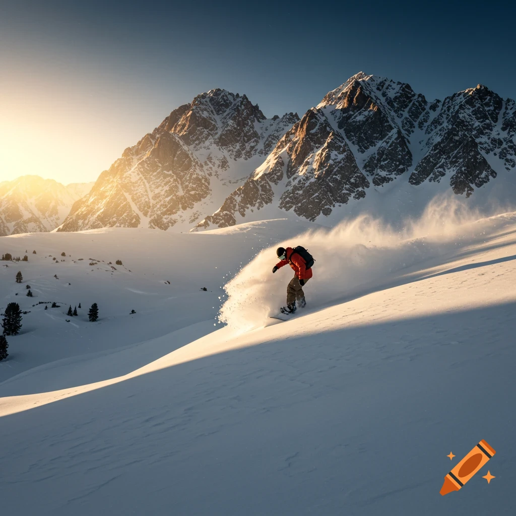 A snowboarder rides down a sunny, snowy mountain slope, spraying snow.