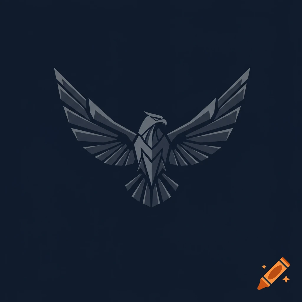 Geometric stylized dark gray eagle logo on a dark blue background.