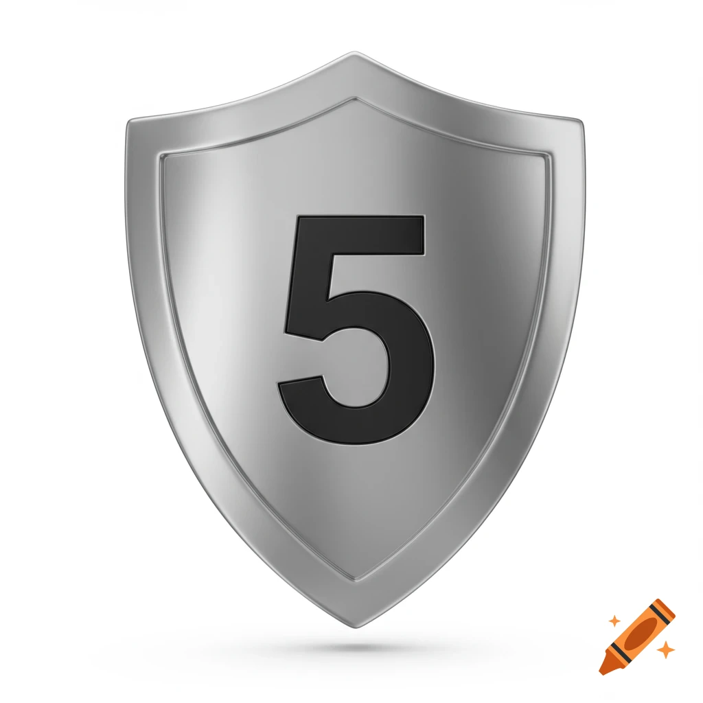 A silver shield with the number 5 on a white background.