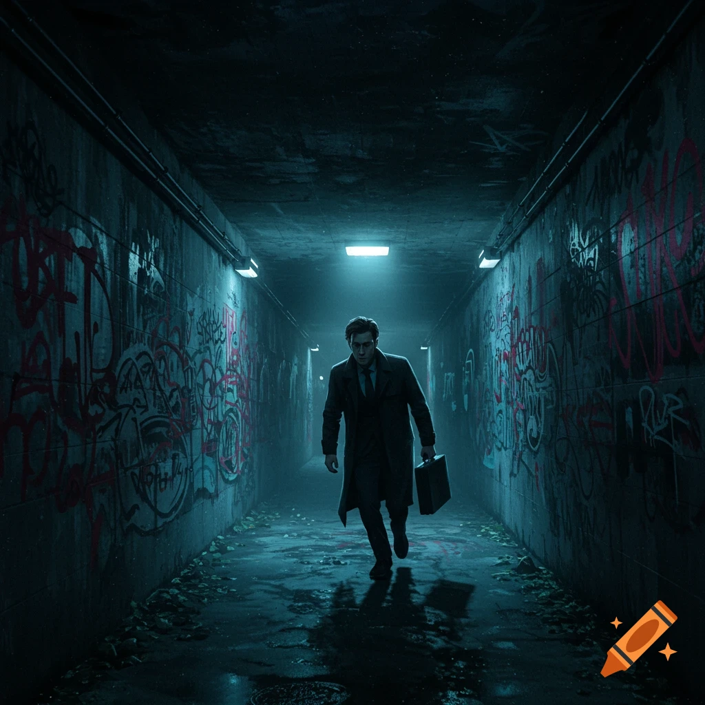 A person in a trench coat walks through a dark, graffiti-covered tunnel carrying a briefcase. Cinematic style.