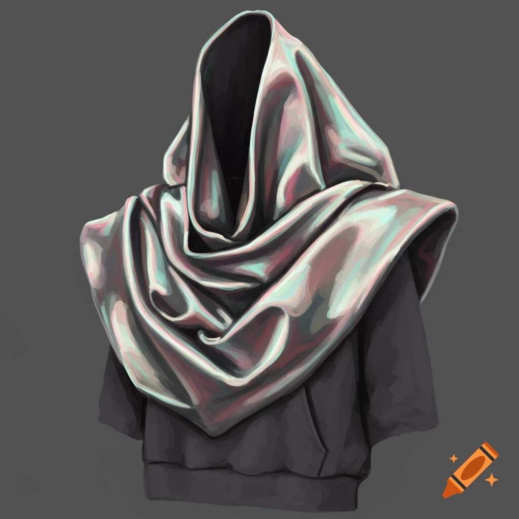 A grey hoodie with reflective, iridescent fabric draped over the hood and shoulders.