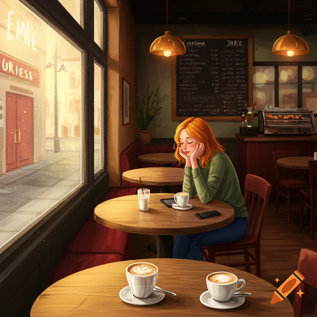 An illustration of a woman sitting in a cozy cafe by a window, looking at her phone. Coffee cups are on the table.