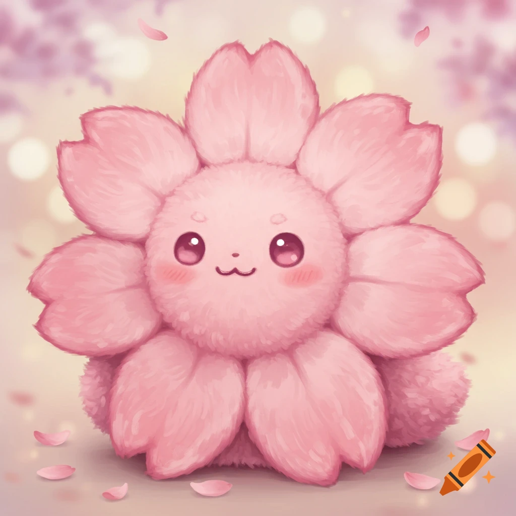 A fluffy pink creature with a face, shaped like a cherry blossom flower, sits surrounded by fallen petals.