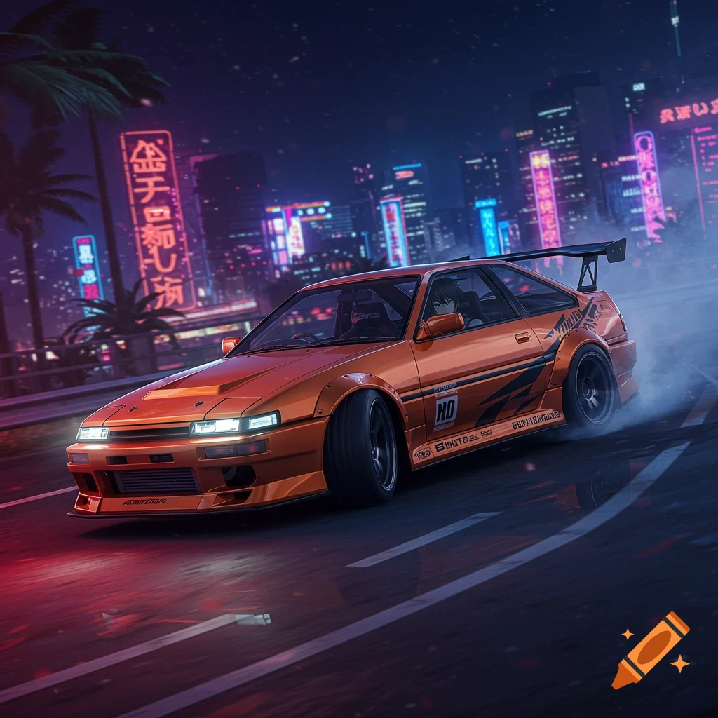 Anime illustration of an orange car drifting on a wet street at night in a city with neon signs.