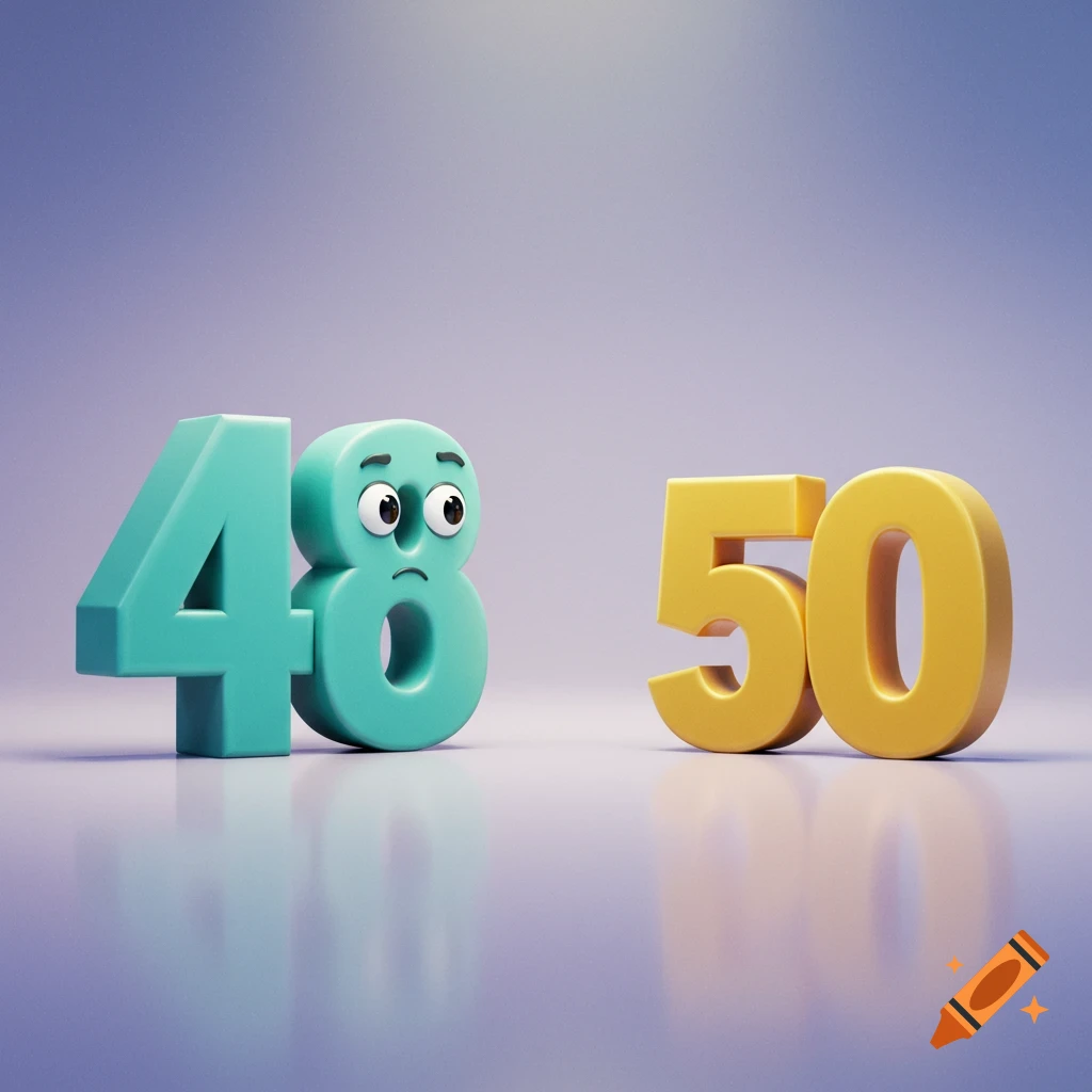 3D render of a sad number 48 looking at the number 50