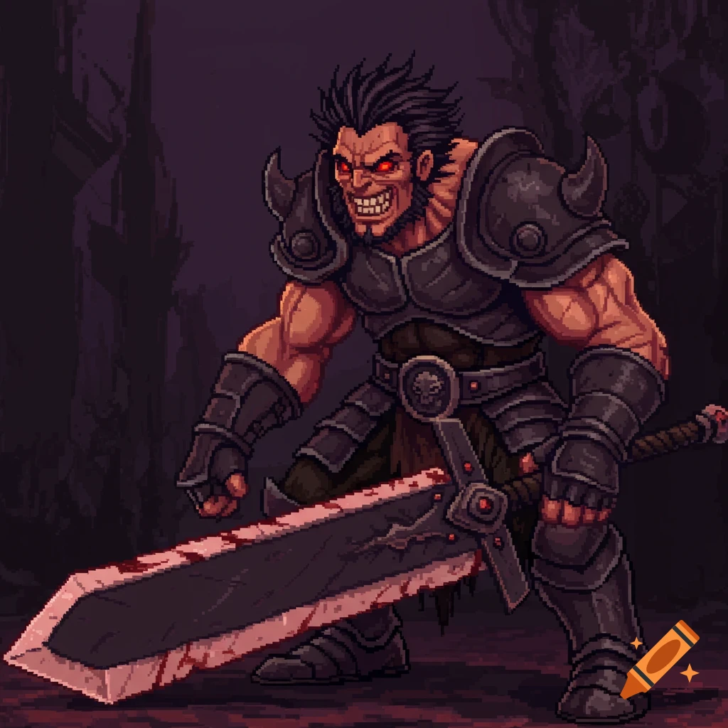 Pixel art fantasy warrior with a blood-stained greatsword.