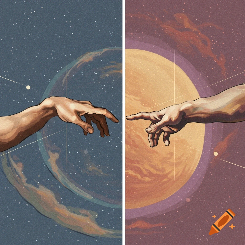 Two hands reaching across a space scene with planets, like Creation of Adam