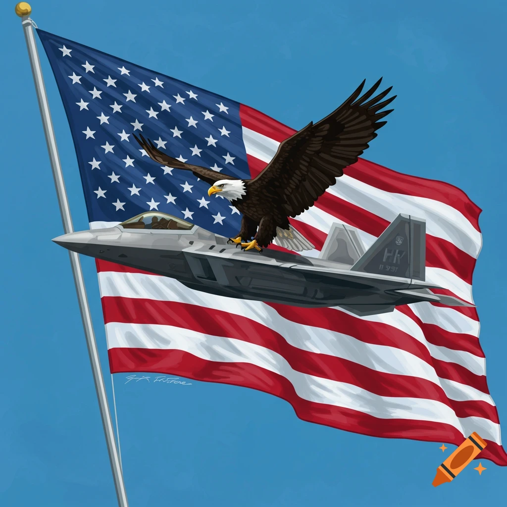 An eagle perches on a jet flying in front of an American flag in an illustration style.