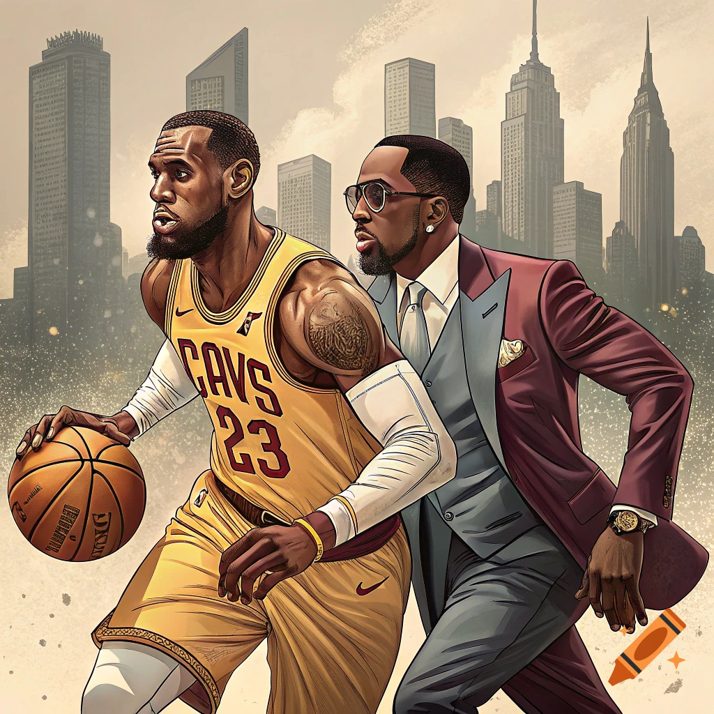 Illustration of LeBron James in Cavs jersey with a man in a suit, dribbling a basketball in front of a city skyline.