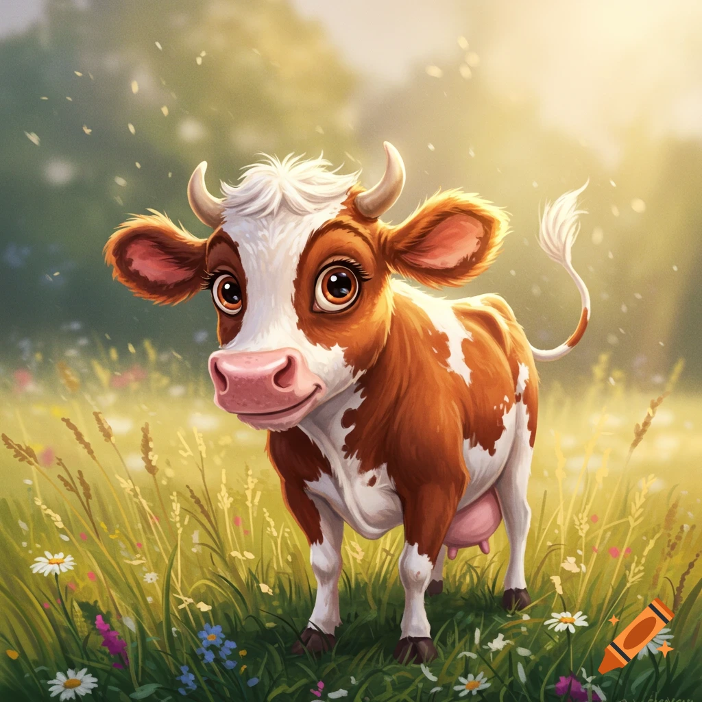 Cartoon cow with big eyes standing in a sunny field