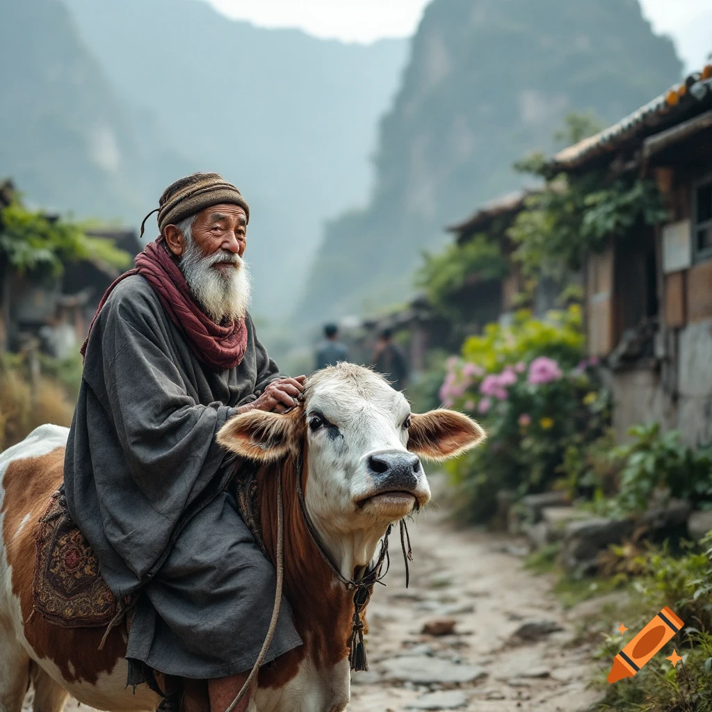 An old man rides a brown and white cow down a village path with mountains in the background.