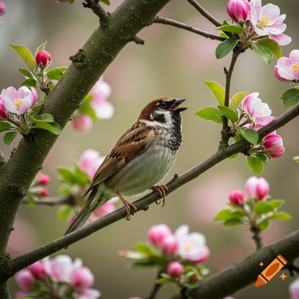 A small sparrow perches on a branch among pink and white blossoms, singing with its beak open.