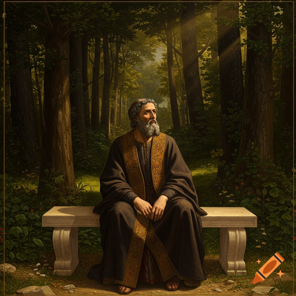 Renaissance painting of a philosopher in a dark robe sitting on a bench in a forest, looking up at sunlight.