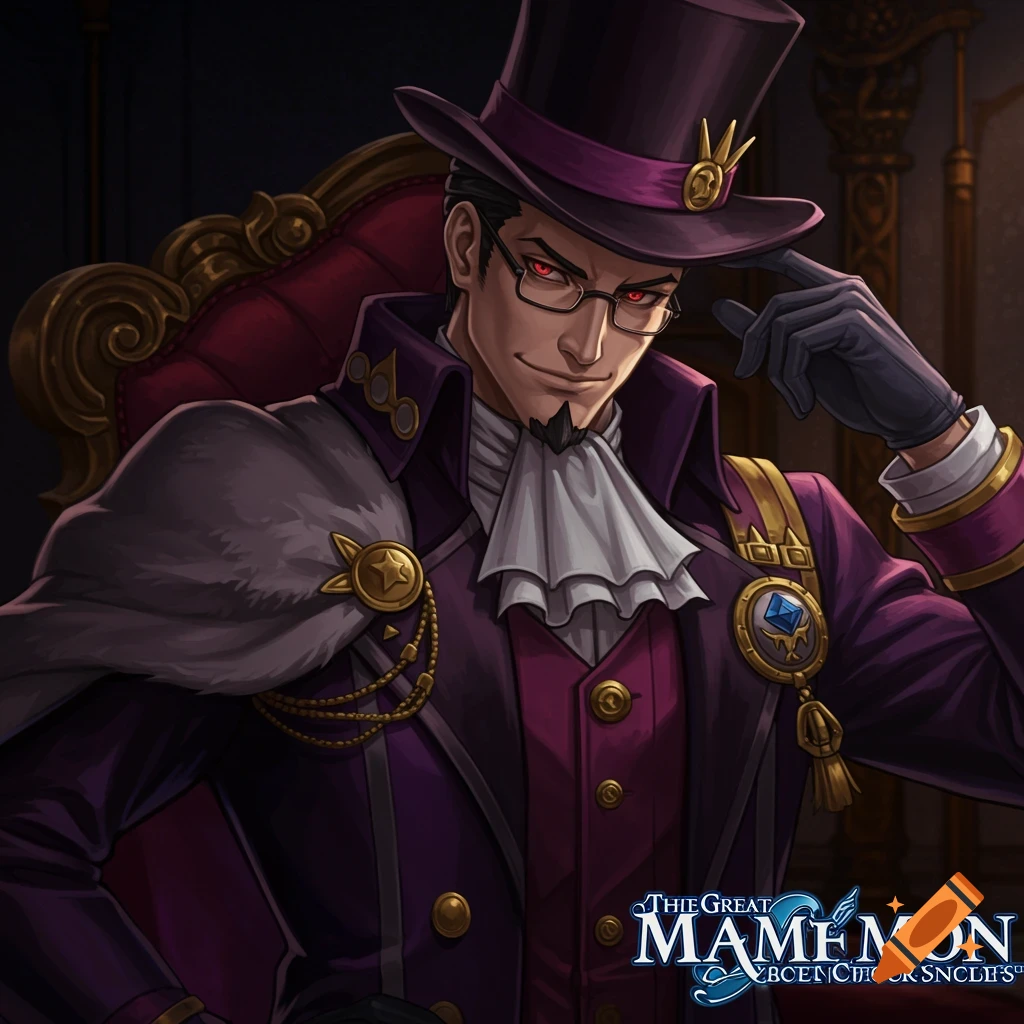 Digital art portrait of a male character in a purple suit and top hat, sitting on a throne.