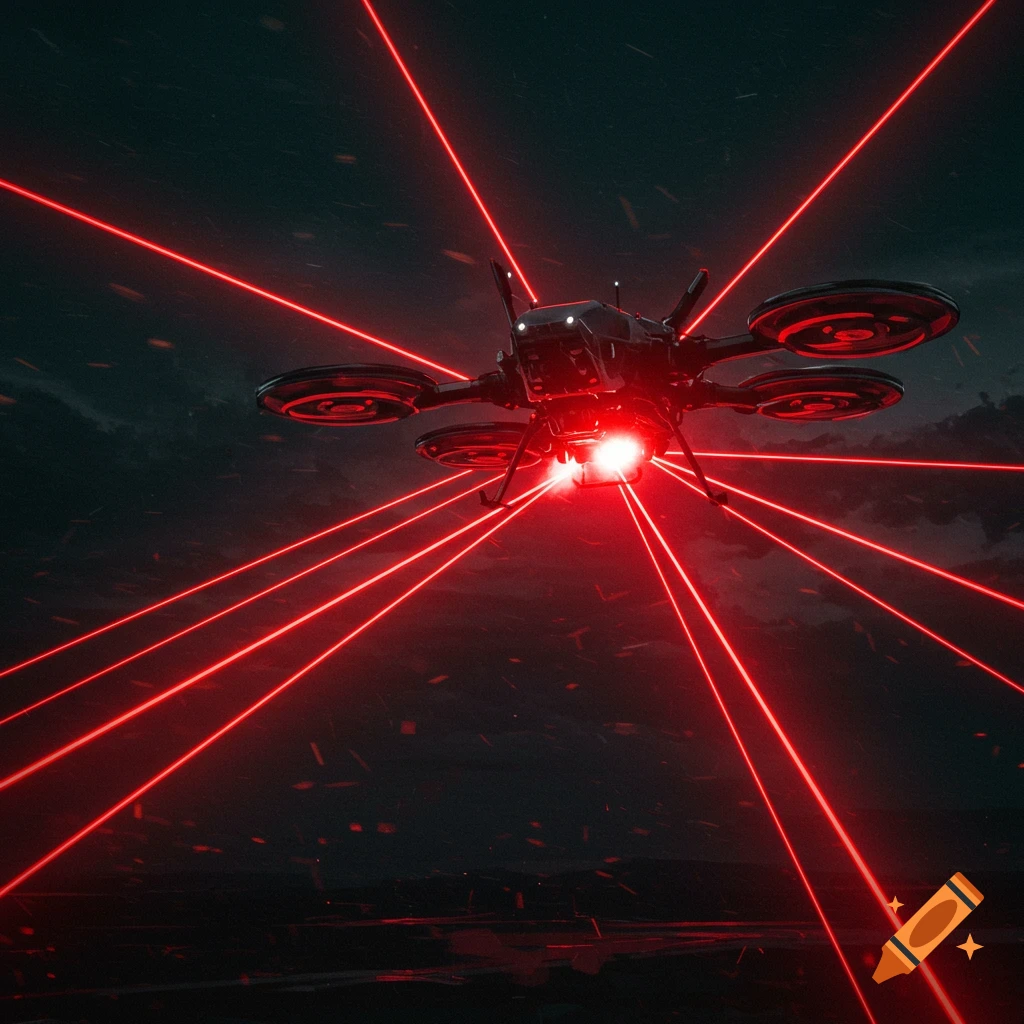 A dark futuristic drone shoots multiple red laser beams through a cloudy, dark sky.