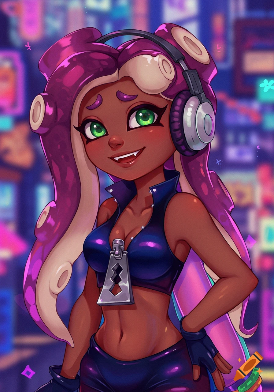 Anime style illustration of Marina from Splatoon wearing headphones against a futuristic city background.